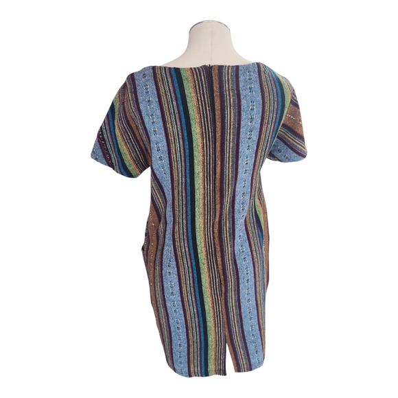 BoHo Hippie Drug Rug Carpet Striped Multicolor Short Sleeve Dress with Pockets L - Picture 6 of 11